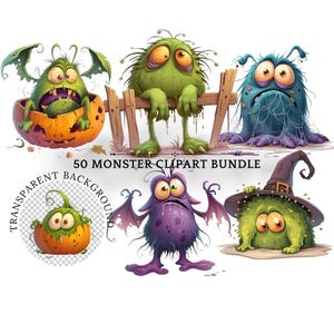 Monster Clipart Bundle, süße Halloween-Designs, digitaler Download für Kinder, Sublimation PNG, Bastelbedarf, süße gruselige Monster für Kinder