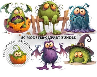 Halloween Monster Clipart Bundle, PNG Designs (Digital Download)