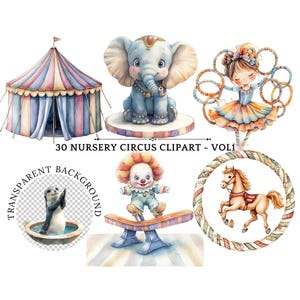 Vintage aquarel circusdieren clipart - schattige pastel carnaval graphics voor kinderen - digitale download - pastel circus aquarel bundel VOL1