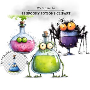 May include: A digital illustration featuring whimsical potion bottles with cartoonish faces and a spider-themed goblet. The bottles contain pink, green, and blue liquids. The text reads "Welcome to 45 Spooky Potions Clipart" with a transparent background.