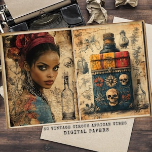 Könnte beinhalten: Ein digitales Papierpaket mit 30 Vintage-Designs im Zirkus- und afrikanischen Stil. Das Paket enthält eine Frau mit einem roten Kopftuch und eine Vintage-Flasche mit Totenköpfen und Blumen.