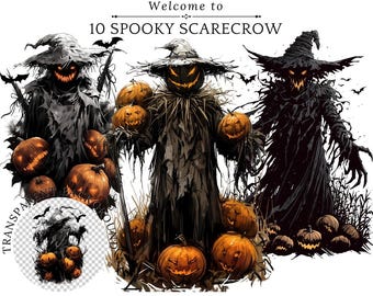 Watercolor Gothic Scarecrows Clipart: Dark Fantasy Halloween PNG (Digital Download)
