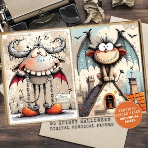 May include: A spread of two digital art pages with quirky Halloween monster illustrations. One monster has horns and chains, the other has wings and sits on a rooftop. The text reads "95 Quirky Halloween Digital Vertical Papers".