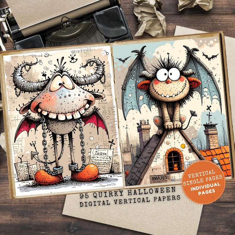 May include: A spread of two digital art pages with quirky Halloween monster illustrations. One monster has horns and chains, the other has wings and sits on a rooftop. The text reads "95 Quirky Halloween Digital Vertical Papers".