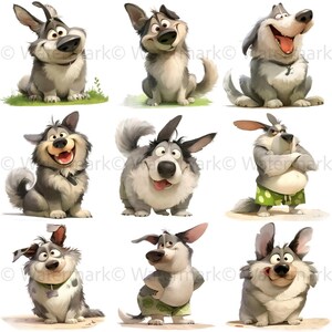 May include: A collection of nine cartoon dog illustrations. The dogs have gray and white fur, with expressive faces and various poses. Some dogs are sitting, while others are standing or wearing clothing. The overall theme is playful and whimsical.