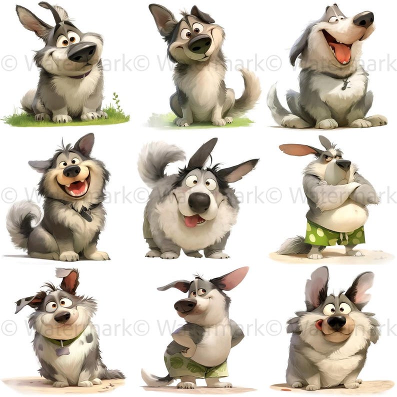 May include: A collection of nine cartoon dog illustrations. The dogs have gray and white fur, with expressive faces and various poses. Some dogs are sitting, while others are standing or wearing clothing. The overall theme is playful and whimsical.