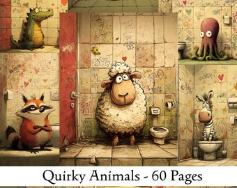 Quirky Animals Junk Journal Kit: Funny Safari Ephemera, Animals in Bathroom Art (Digital Download)