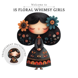 Whimsy Flower Girl Clipart PNG, linda chica clipart, folk fashion girl clipart, peculiar girl clip art, muñeca de papel clipart, uso comercial, PNG