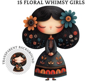 Whimsy Flower Girl Clipart: Folk Style Dolls PNG Transparent Background (Digital Download)