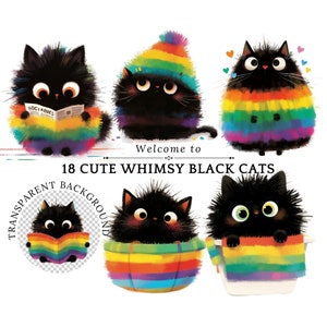 Joli chat noir fantaisiste PNG Clipart, chat avec arc-en-ciel PNG, chat mignon fantaisiste, fierté chat mignon PNG, technique mixte chat Clip Art, dessins par sublimation
