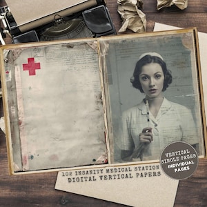 May include: An open vintage book with aged pages, featuring a red cross and a portrait of a nurse holding a syringe. The text reads "102 Insanity Medical Station Digital Vertical Papers."