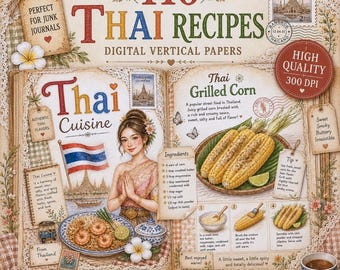 Thai Cookbook Journal Kit, Traditional Thailand Recipe Pages, Asian Cuisine Printables, Vintage Kitchen Ephemera