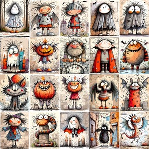 May include: A collection of whimsical, cartoonish monster illustrations. Each character has unique features, including bat wings, pumpkin heads, and various outfits. The artwork has a vintage, hand-drawn style with a muted color palette, perfect for Halloween decor.