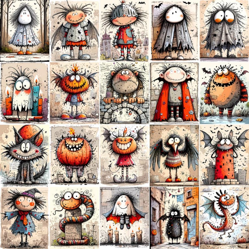 May include: A collection of whimsical, cartoonish monster illustrations. Each character has unique features, including bat wings, pumpkin heads, and various outfits. The artwork has a vintage, hand-drawn style with a muted color palette, perfect for Halloween decor.