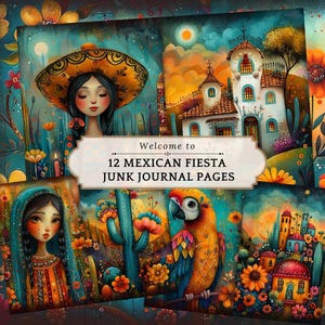 Kleurrijke Mexicaanse Fiesta Junk Journal-pagina's, digitaal plakboek, afdrukbaar Mexico, bloemencollage, vintage ephemera, DUBBELE cactuskaarten