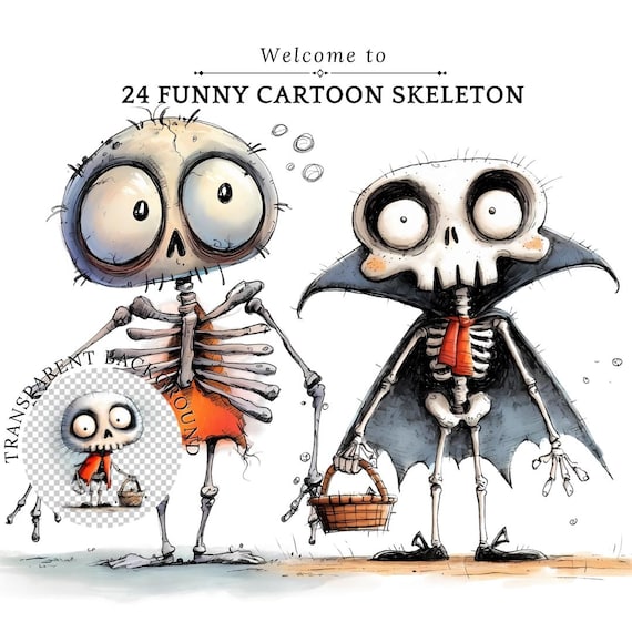 Funny Halloween Skeleton Clipart: Childish Hand Drawn Style Spooky Illustrations (Digital Download)