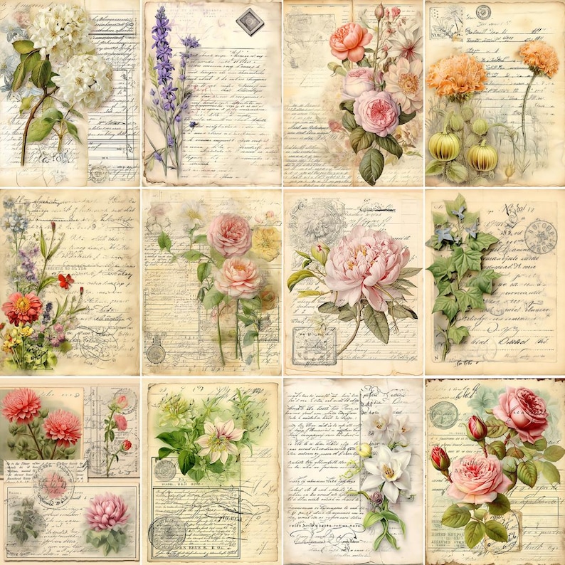Puede incluir: Un collage de estampados florales de estilo vintage. Cada estampado presenta ilustraciones en acuarela de varias flores, como rosas, peon&iacute;as y lavanda, sobre un fondo de papel envejecido con escritura manuscrita y sellos postales. La paleta de colores es suave y apagada.