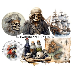 Caribbean Pirates Clipart PNG, historische Piraten-Illustration für Scrapbooking, Basteln und nautische Projekte, Schiffe, Papageien, PNG