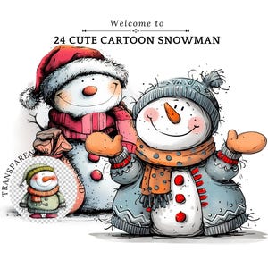 Niedliche Hand gezeichnet Stil Cartoon Schneemann Clipart PNG mit Schal und Weihnachtsmütze, entzückende Weihnachtscharakter Illustration für kommerzielle Nutzung