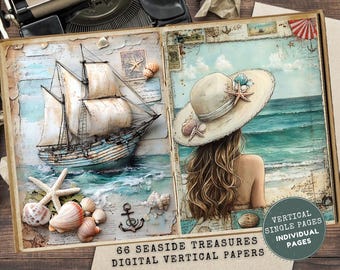 Kit Vintage Beach Junk Journal: materiale effimero per biglietti di auguri, collage nautico (download digitale)