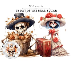 Tag des Toten Zuckerschädels Digital Clipart PNG, festliche Calavera Lady Illustration für Scrapbooking, Kunsthandwerk und mexikanische Kulturprojekte