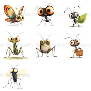 May include: A set of nine cartoon illustrations of various insects, including a butterfly, ants, a praying mantis, a cricket, and a fly. The insects are drawn in a whimsical style with large eyes and bright colors.