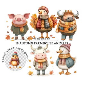 Cute Farm Animals Clipart, Autumn Animals Clipart, Minimalist Animals PNG Kit, Printable Scrapbooking Animals Kit, Cottage Farmhouse Animals