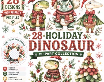 Christmas Dinosaur Clipart: Holiday T-Rex Dino PNG (Digital Download)