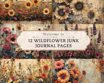 Watercolor Wildflowers Junk Journal Kit: Printable Collage Pages Commercial Use (Digital Download)