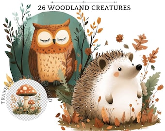 May include: A digital illustration of a brown owl with closed eyes and a hedgehog with brown and white fur. The owl is perched on a branch with leaves and the hedgehog is standing on the ground with leaves and a mushroom. The background is a green and blue watercolour wash. The text "Welcome to 26 Woodland Creatures" is at the top of the image.