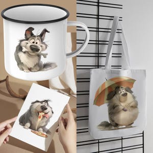 May include: White enamel mug with a black rim featuring a cartoon dog with a bone. A white tote bag with a cartoon dog holding an umbrella. A white card with a cartoon dog eating pizza.