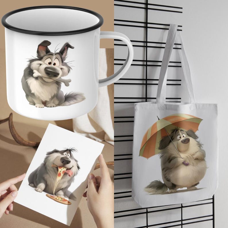 May include: White enamel mug with a black rim featuring a cartoon dog with a bone. A white tote bag with a cartoon dog holding an umbrella. A white card with a cartoon dog eating pizza.