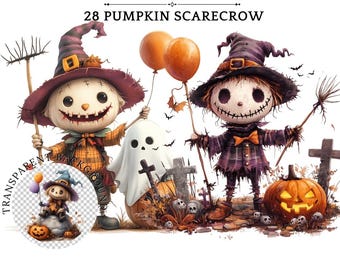 Halloween Scarecrow Clipart, Pumpkin PNG Illustration (Digital Download