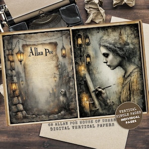 Puede incluir: Papeles verticales digitales con ilustraciones inspiradas en "La caída de la casa Usher" de Edgar Allan Poe. La obra de arte incluye una escena callejera con faroles, un búho y una mujer escribiendo. El texto dice "Allan Poe" y "68 Allan Poe House of Usher Digital Vertical Papers."