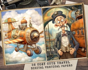Retro Travel Junk Journal Pages, Steampunk Ephemera (Digital Download)