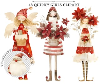 Quirky Christmas Girl Clipart: Whimsical Watercolor PNGs (Digital Download)
