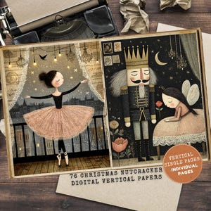 Könnte beinhalten: Digitaler Kunstdruck mit zwei Illustrationen: eine Ballerina in einem rosa Tutu und ein Nussknacker-Soldat. Der Text lautet "76 Christmas Nutcracker Digital Vertical Papers" und "Vertical Single Pages Individual Pages".