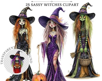 Sassy Witch Clipart: Watercolor Illustrations for Halloween and Gothic Sublimation (Digital Download)