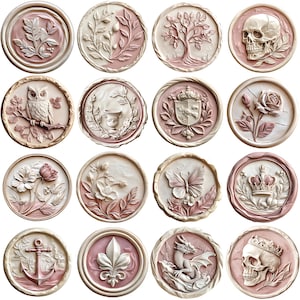 May include: Set of 15 decorative wall plaques with various designs, including a butterfly, a crown, a skull, a flower, a tree, a dragon, a fleur-de-lis, and a bird. The plaques are round and have a cream background with pink accents.