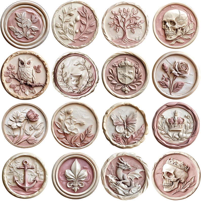 May include: Set of 15 decorative wall plaques with various designs, including a butterfly, a crown, a skull, a flower, a tree, a dragon, a fleur-de-lis, and a bird. The plaques are round and have a cream background with pink accents.