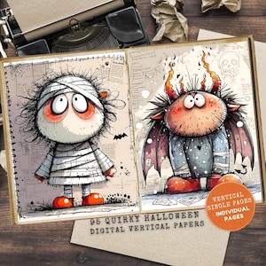 May include: Two-page spread of digital vertical papers with quirky Halloween illustrations. One page features a mummy character, the other a devilish creature. The text reads "95 Quirky Halloween Digital Vertical Papers" and "Vertical Single Pages Individual Pages."