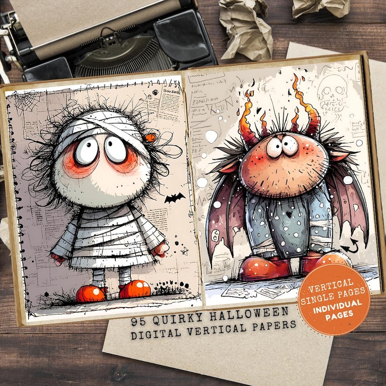 May include: Two-page spread of digital vertical papers with quirky Halloween illustrations. One page features a mummy character, the other a devilish creature. The text reads "95 Quirky Halloween Digital Vertical Papers" and "Vertical Single Pages Individual Pages."