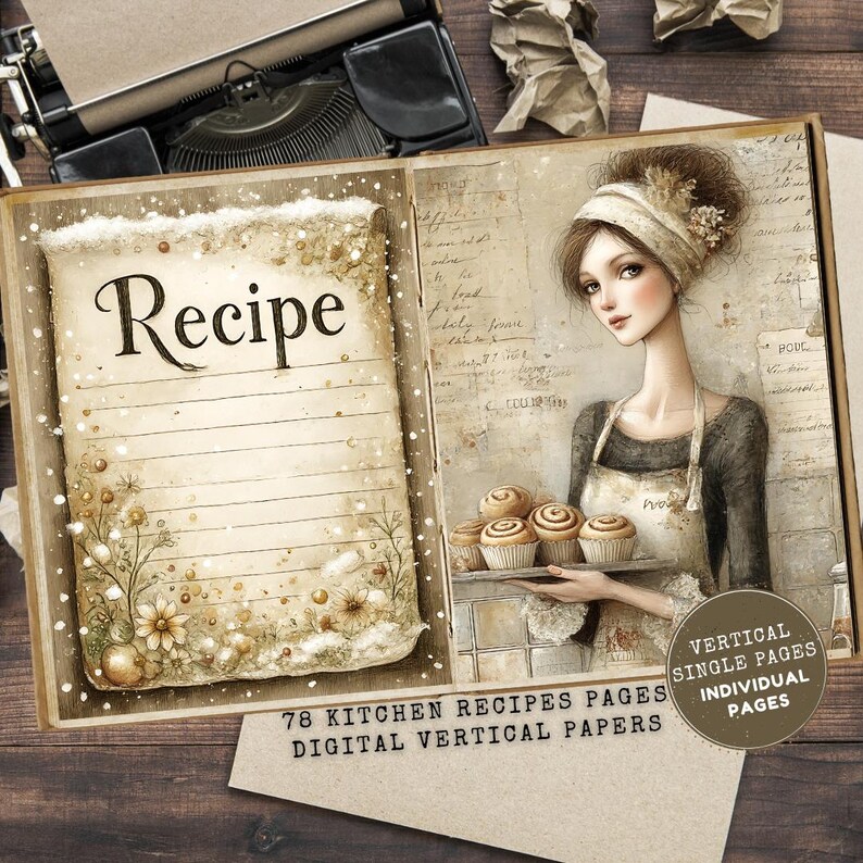 May include: A vintage-style recipe book with the word "Recipe" on the left page. The right page shows a woman holding cinnamon rolls. The book has the text "78 Kitchen Recipes Pages Digital Vertical Papers". The image has a sepia tone.