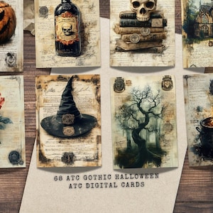 Könnte beinhalten: Ein Set mit 10 digitalen, druckbaren ATC-Karten mit gotischen Halloween-Motiven. Die Karten zeigen Bilder von einem Hexenhut, einem Schädel, einer Zaubertrankflasche, einem gruseligen Baum und einem Spukhaus. Die Karten sind perfekt für Scrapbooking, Kartenherstellung und andere Bastelprojekte.