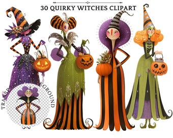 Quirky Witches Clipart: Halloween Watercolor Illustrations (Digital Download)