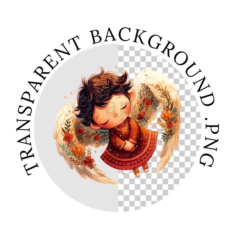 May include: A digital illustration of a cute angel with brown hair, wearing a red and brown dress with white wings. The angel has closed eyes and is surrounded by flowers.