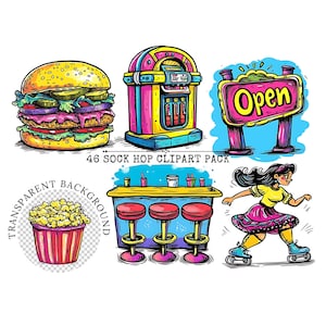 Sock Hop Clipart Pack | Retro 50s Diner Clipart | Milkshakes & Jukebox Graphics | Vintage Commercial Use | Colorful Food Clipart