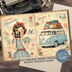 May include: A digital paper set with a vintage theme, showcasing a woman with a camera and a blue VW bus loaded with luggage. The design includes the phrases "Capturing Memories" and "Adventure Awaits!" with floral and heart motifs. The set contains 100 vertical travel postal pages.