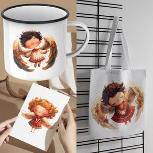 May include: A set of three white products featuring illustrations of angels with brown hair and wings. The products include a mug, a tote bag, and a card. The angel on the mug and tote bag is wearing a white dress with brown accents. The angel on the card is wearing a red dress with brown accents.