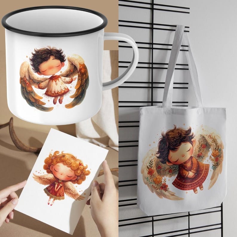 May include: A set of three white products featuring illustrations of angels with brown hair and wings. The products include a mug, a tote bag, and a card. The angel on the mug and tote bag is wearing a white dress with brown accents. The angel on the card is wearing a red dress with brown accents.